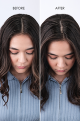 Before and After Dry Shampoo Results on dark hair, showing oil absorption and refreshed volume with (re)FRESH formula.