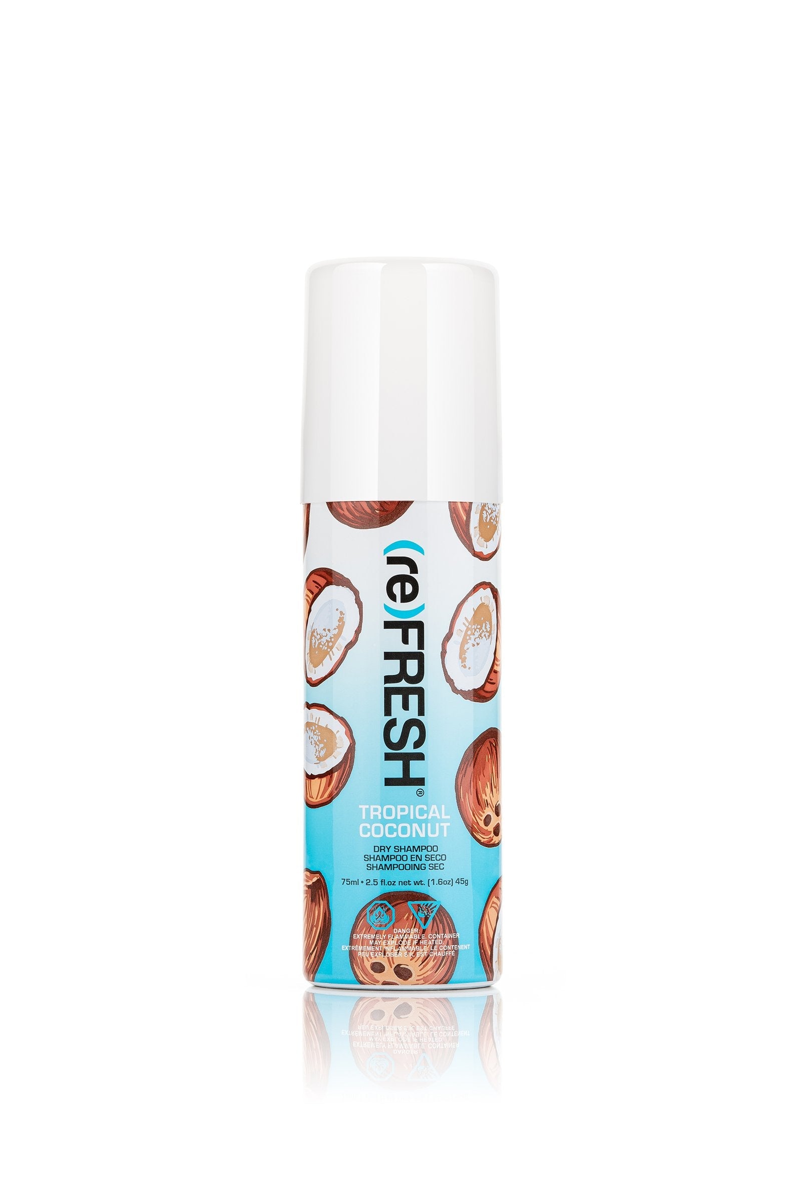 (re)FRESH Tropical Coconut Dry Shampoo Mini for oil absorption and instant hair refresh, featuring a tropical coconut scent.